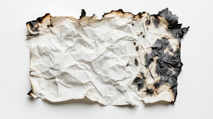 A group of crumpled and burnt paper sheets in varying sizes with smudges and burn streaks on white background.