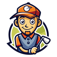 Fototapeta premium Cartoon Man with Orange Cap, Smiling, Holding Golf Club in Front of Abstract Logo