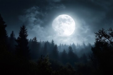 Bright full moon illuminating a mysterious and foggy forest at night, creating a magical atmosphere