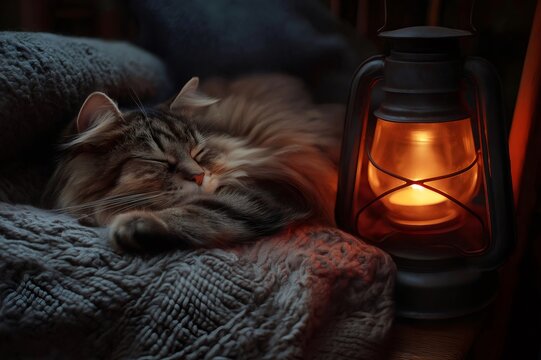 Fluffy cat is sleeping peacefully on a soft, blanket covered chair, illuminated by the warm glow of a nearby lantern, creating a cozy and tranquil scene - Powered by Adobe