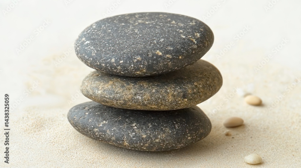 Poster a neat stack of smooth stones with a few scattered pebbles on light sand on a white background