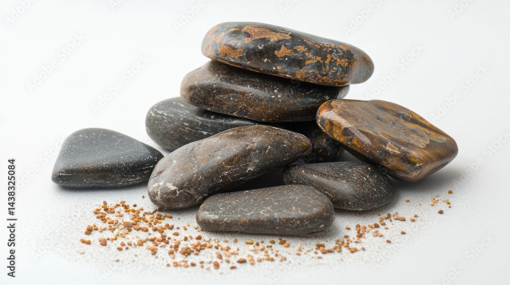 Poster a neat stack of smooth stones with a few scattered pebbles on light sand on a white background