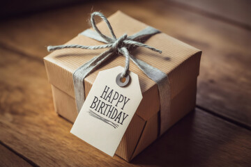 Small simple gift box with a happy birthday tag tied to it with string and ribbon resting on a wooden table