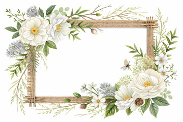 Elegant white floral frame burlap border design perfect for wedding invitations rustic chic themes spring announcements