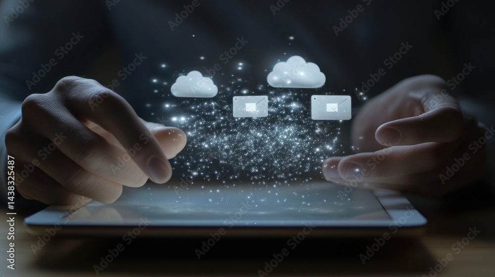 Poster hands interacting with floating cloud communication icons on a tablet.