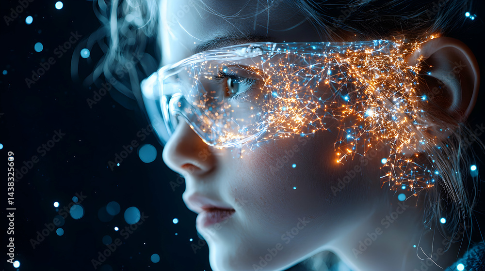 Aufkleber a futuristic image depicts a person wearing high-tech eyewear. sparks and connections stream over th