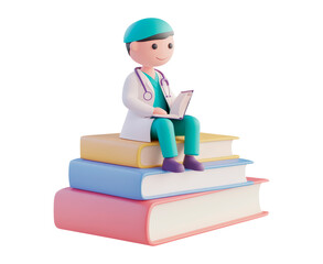 A cartoon doctor stands atop colorful stacked books isolated on transparent background