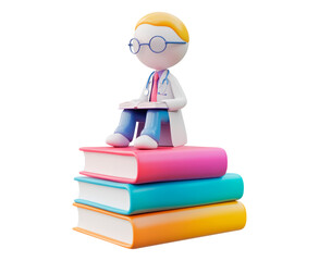 3D doctor figure wearing a stethoscope sitting on colorful books isolated on transparent background
