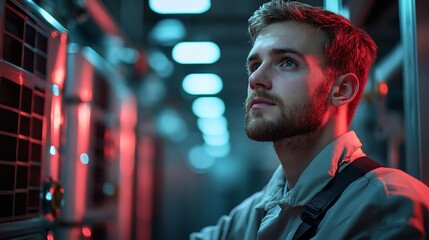 Technician inspecting server room equipment, data center, network