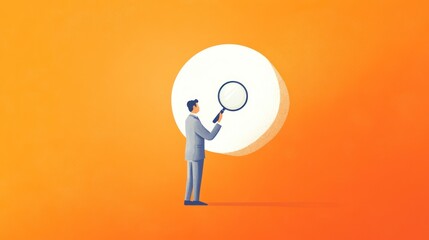 Businessman using magnifying glass, investigating, orange background, website banner