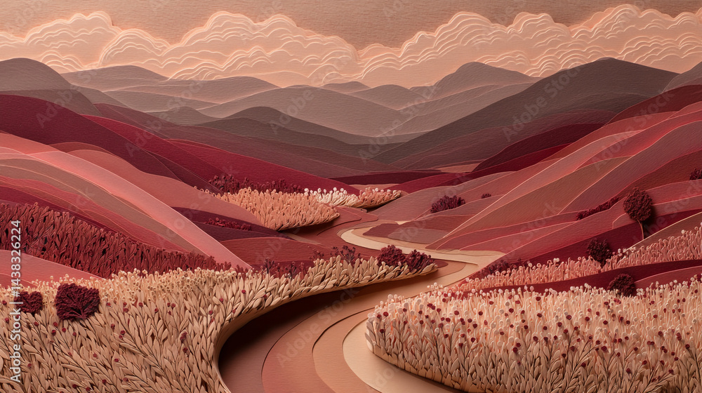 Poster a winding path through rolling hills with textured grass and distant mountains under a cloudy sky