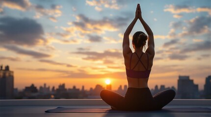 A woman doing yoga on a rooftop at sunrise calm