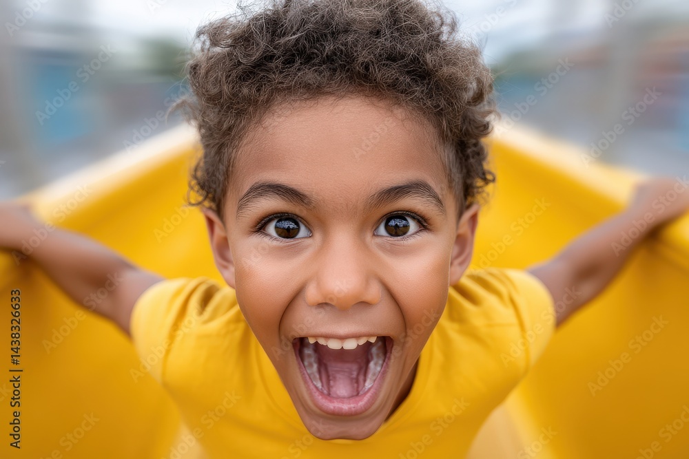 Poster smiling boy captured in motion sliding down inflatable yellow playground element with expression of 