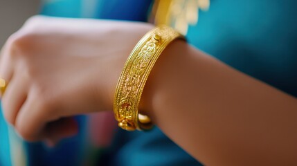 Woman's hand adjusting a heavy gold bangle, a symbol of Diwali festivity. Natural light.