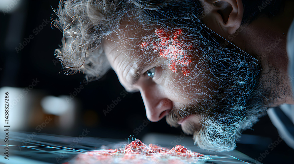 Aufkleber a man examines a glowing network of data. this could represent medical data analysis or a futuristic