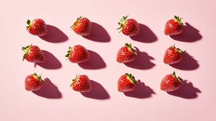 Strawberry background on a bright surface in flatlay style. Fresh summer berries creating a vibrant and healthy food pattern.