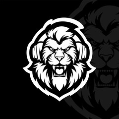 Fototapeta premium Angry lion with headphone mascot esport logo illustration