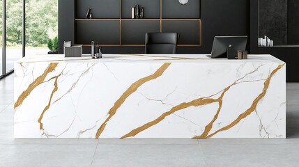 Modern, minimalist reception desk with a large, white marble countertop.  Sleek design, clean lines, and natural light
