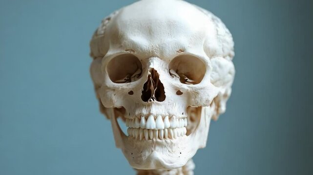 An up-close, detailed view of a human skull. The stark details expose a tangible reality of our mortality and the intricate architecture of the human form. 