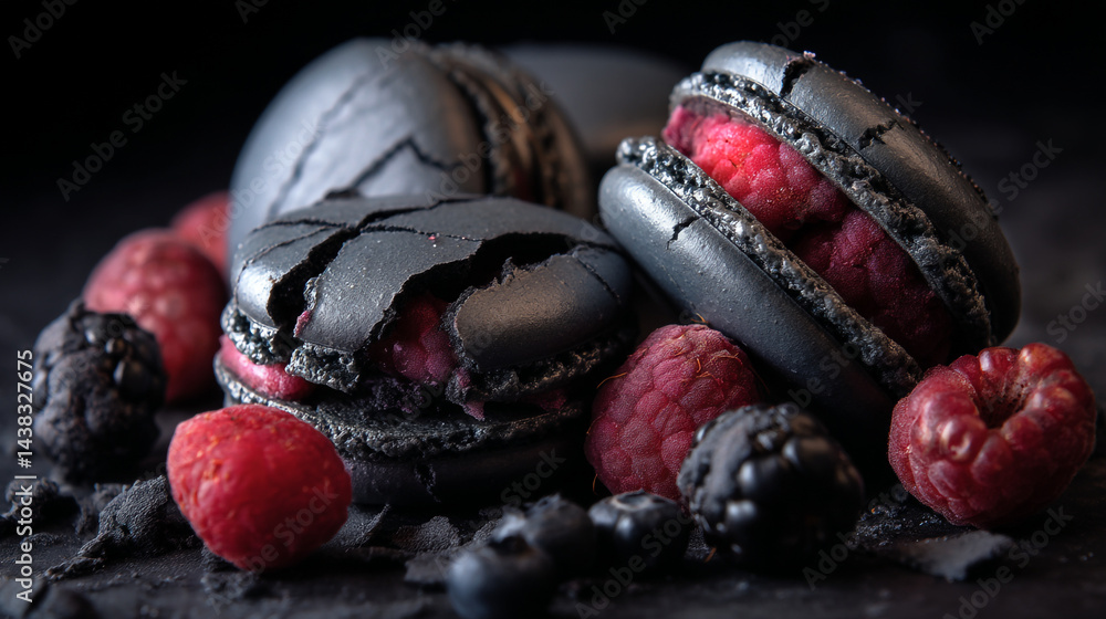 Poster close up of black macarons with raspberry filling and assorted berries on a dark surface