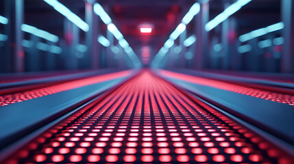 A futuristic corridor with glowing red and blue lights, featuring a perforated, illuminated floor in a symmetrical, high-tech setting.