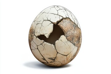 Cracked ceramic egg,  a weathered,  ornate,  handmade sphere.  Detailed design,  natural textures.  Organic,  artistic,  decorative