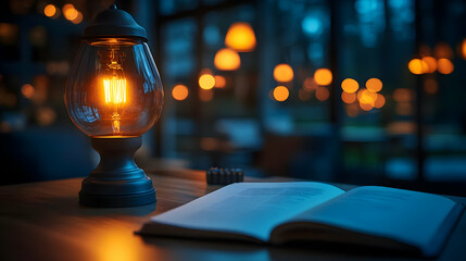 Warm-toned Lamp Illuminates Open Book on Wooden Table in Cozy Interior Setting