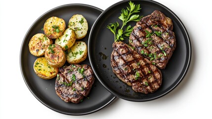 Black plates with seared ribeye steak, garlic butter potatoes, and parsley garnish on white background.