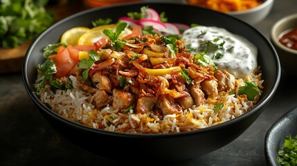 **Aromatic Pakistani Chicken Biryani With Saffron Rice, Garnished With Fried Onions, Mint, And Lemon, Served With Raita And Salad, Styled For South Asian Restaurant Ad Or Food Delivery Branding --Ar 1