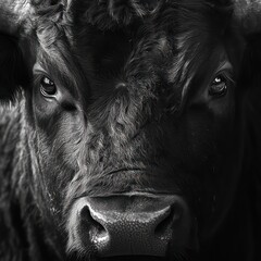 Black and white bull close up