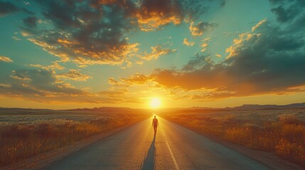 Cinematic scene of a lone traveler walking down an empty highway at sunset, wide-angle shot, dramatic clouds, golden hour lighting, storytelling mood