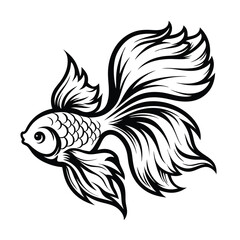 Isolated Black and White Stylized Goldfish with Flowing Fins and Scales