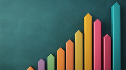 A vibrant bar chart displays varying heights in multiple colors against a textured green background, symbolizing growth and progress.