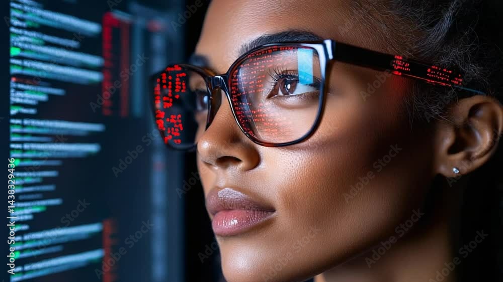 Poster close-up of woman with glasses analyzing data on computer screen in dark environment with neon light
