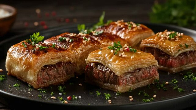 Three bite-size meat pies served on a dark plate, garnished with chopped herbs and seasoning, offering a flavorful and savory meal option.