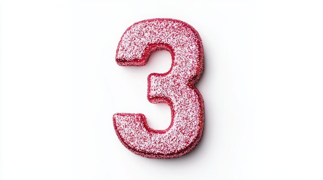 A vibrant, glittery number three in red sparkling texture against a plain background, perfect for celebrations or decorative themes.