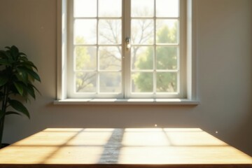 Fototapeta premium Sunlight Illuminates a Wooden Table Beside a Window with a View of Lush Greenery