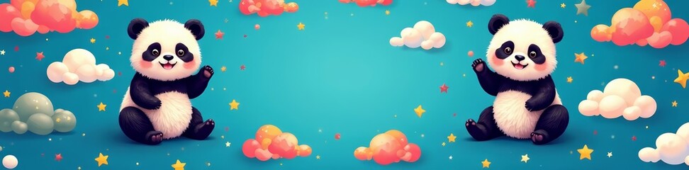 Adorable panda pattern with colorful clouds and stars on a blue background, colorful, blue