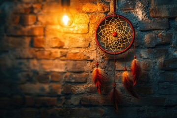 A handcrafted dream catcher hangs on a rustic brick wall, illuminated by warm light.