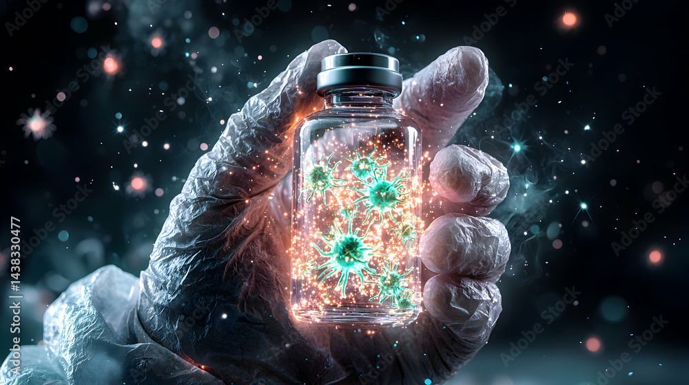 Poster a vial containing a virus is held by a gloved hand with a dynamic background. suitable for scientifi