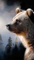 Obraz premium Majestic grizzly bear in misty forest (1)