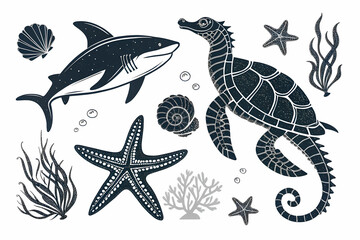Naklejka premium Majestic shark seahorse starfish ocean wildlife illustration intricate sea life design dark nautical theme elegant