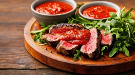 Deliciously Grilled Steak Resting on Wooden Plate with Flavorful Sauce