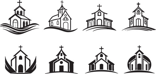 Minimal Church Building with Cross  Flat Vector Logo Design Set