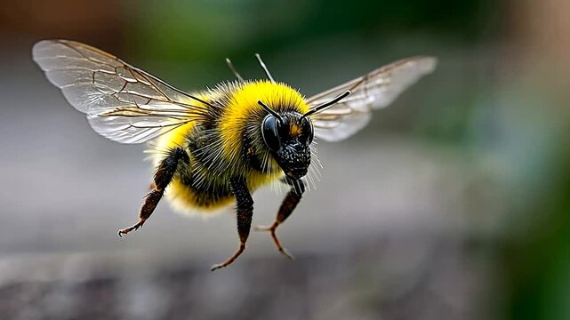 Bee in mid-flight, wings spread, detailed furry body, blurred background