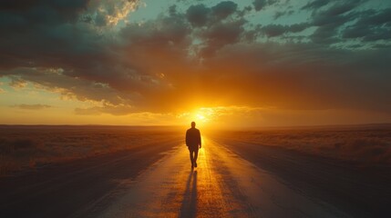 Cinematic scene of a lone traveler walking down an empty highway at sunset, wide-angle shot, dramatic clouds, golden hour lighting, storytelling mood