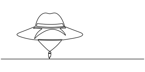 farmer hat continuous one line drawing, Continuous one line drawing of Straw hat, sun hat. summer, beach, travel, farmer concept. Editable stroke vector. minimal style on white background and monoline