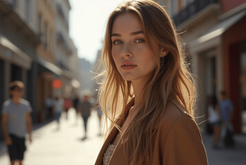 Fototapeta premium Gorgeous young woman walking in the city captured in portrait mode