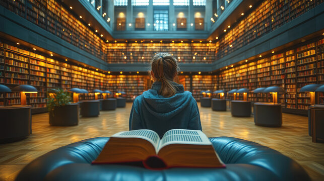 A visually impaired person reading a Braille book in a modern library