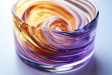 Swirling amber and purple glass art piece, showcasing vibrant colors and fluid lines.